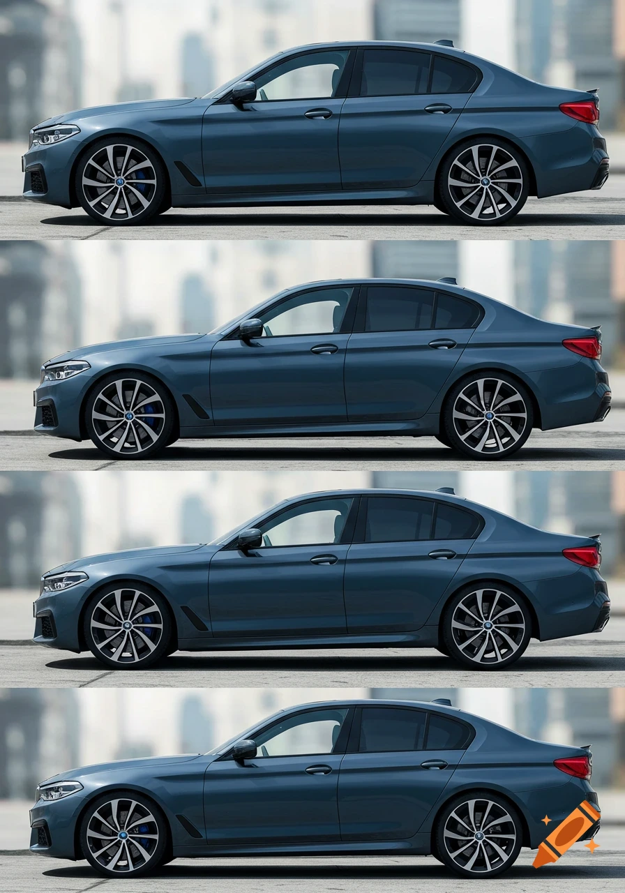 Four identical blue BMW G31 sedans shown in side profile, each with different polished multi-spoke alloy wheels.