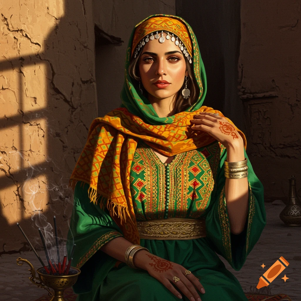 Portrait of a woman in vibrant traditional Algerian clothing with henna tattoos, in a sunlit adobe room.