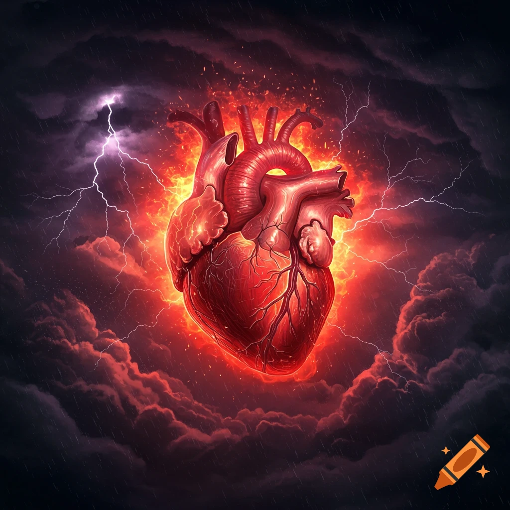 A stylized, glowing red anatomical heart surrounded by fiery clouds and lightning in a dark, stormy sky.