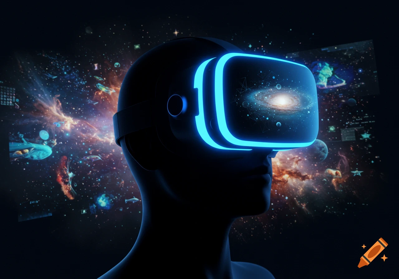 Silhouette of a person wearing a glowing blue VR headset, immersed in a virtual space environment with galaxies and nebulas.