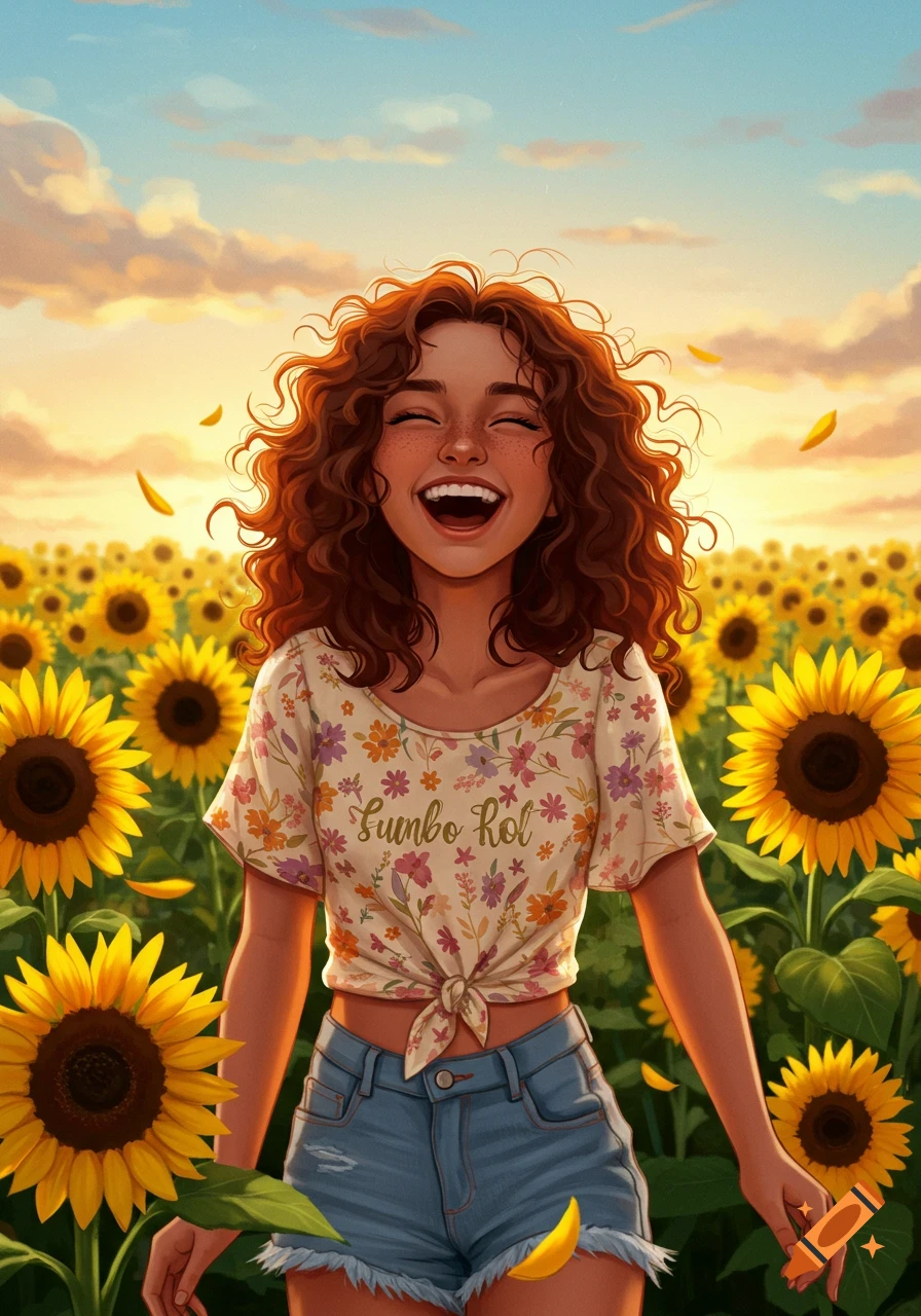 Smiling girl with curly hair laughing in a field of sunflowers at sunset, illustration style.