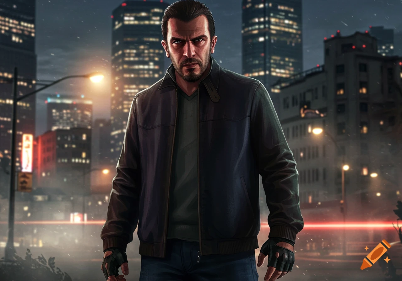 Digital art of Niko Bellic, a serious man in a dark jacket and gloves, standing in a nighttime city.