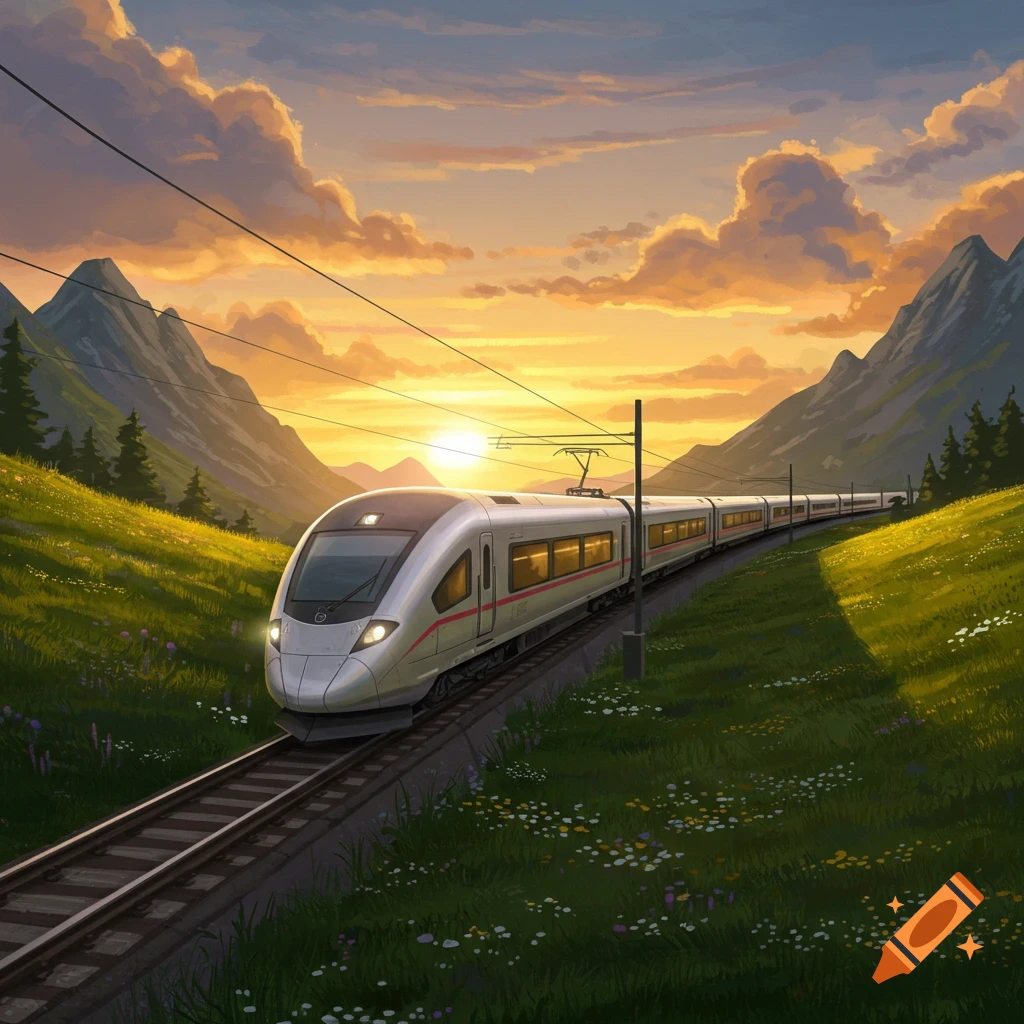 A modern white train travels through a green mountainous valley under a dramatic orange and purple sunset sky, illustrated.