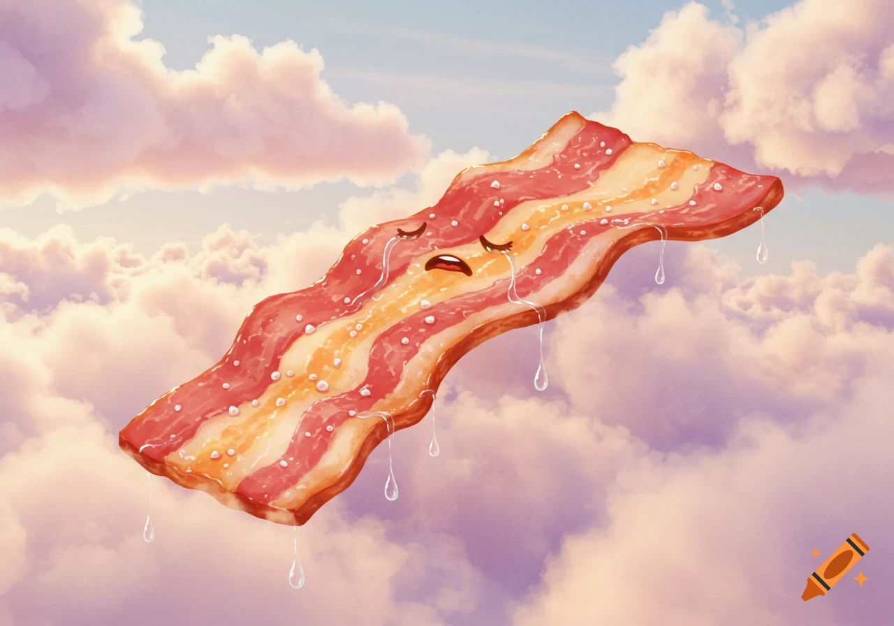 A cartoon illustration of a crying strip of bacon floating in pink and purple clouds.