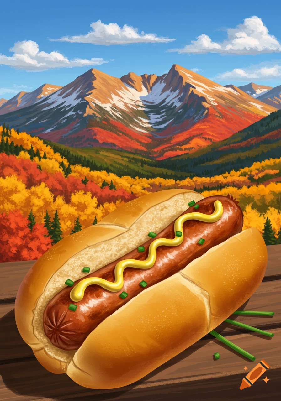 An illustrated hot dog with mustard and chives on a wooden surface, set against a backdrop of vibrant fall-colored mountains.