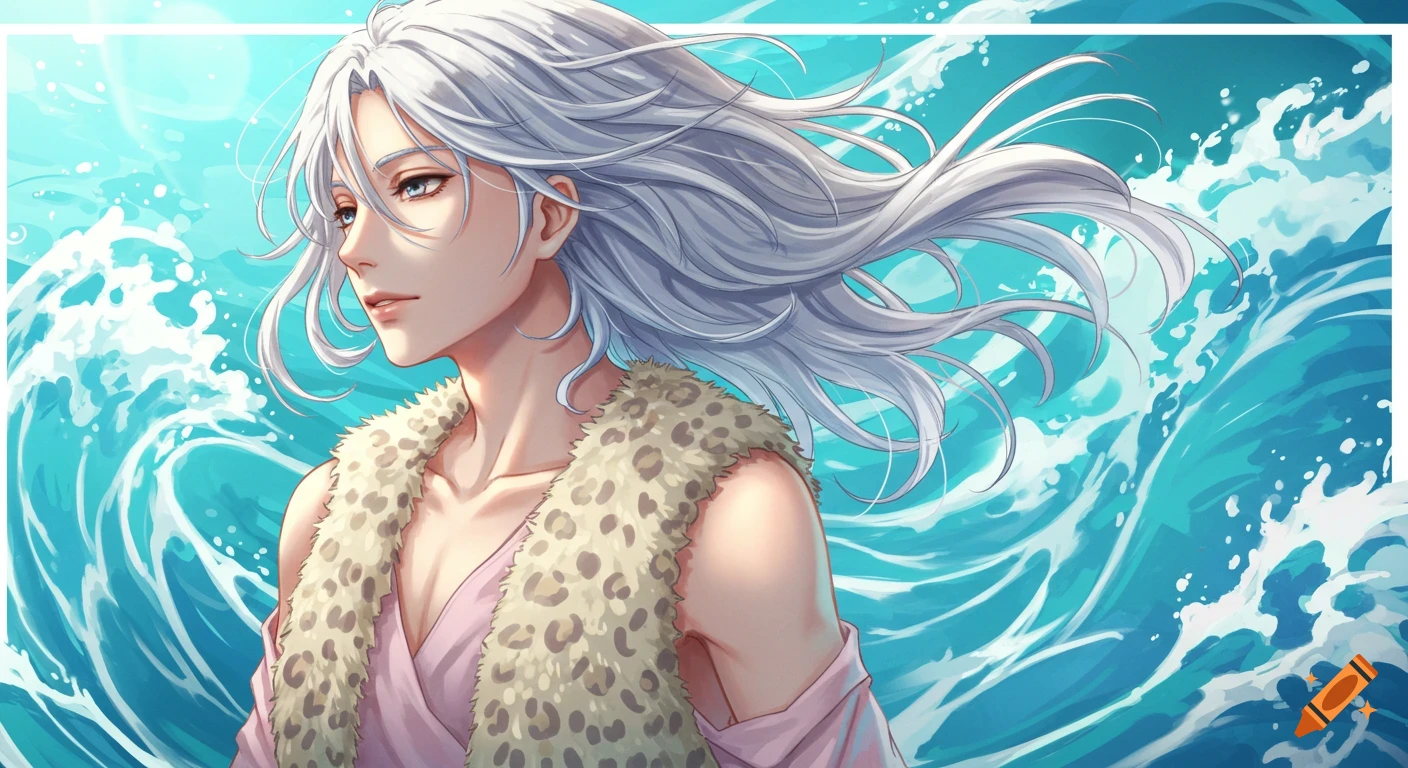 Anime illustration of an androgynous person with silver hair and a leopard print vest, surrounded by dynamic blue water.