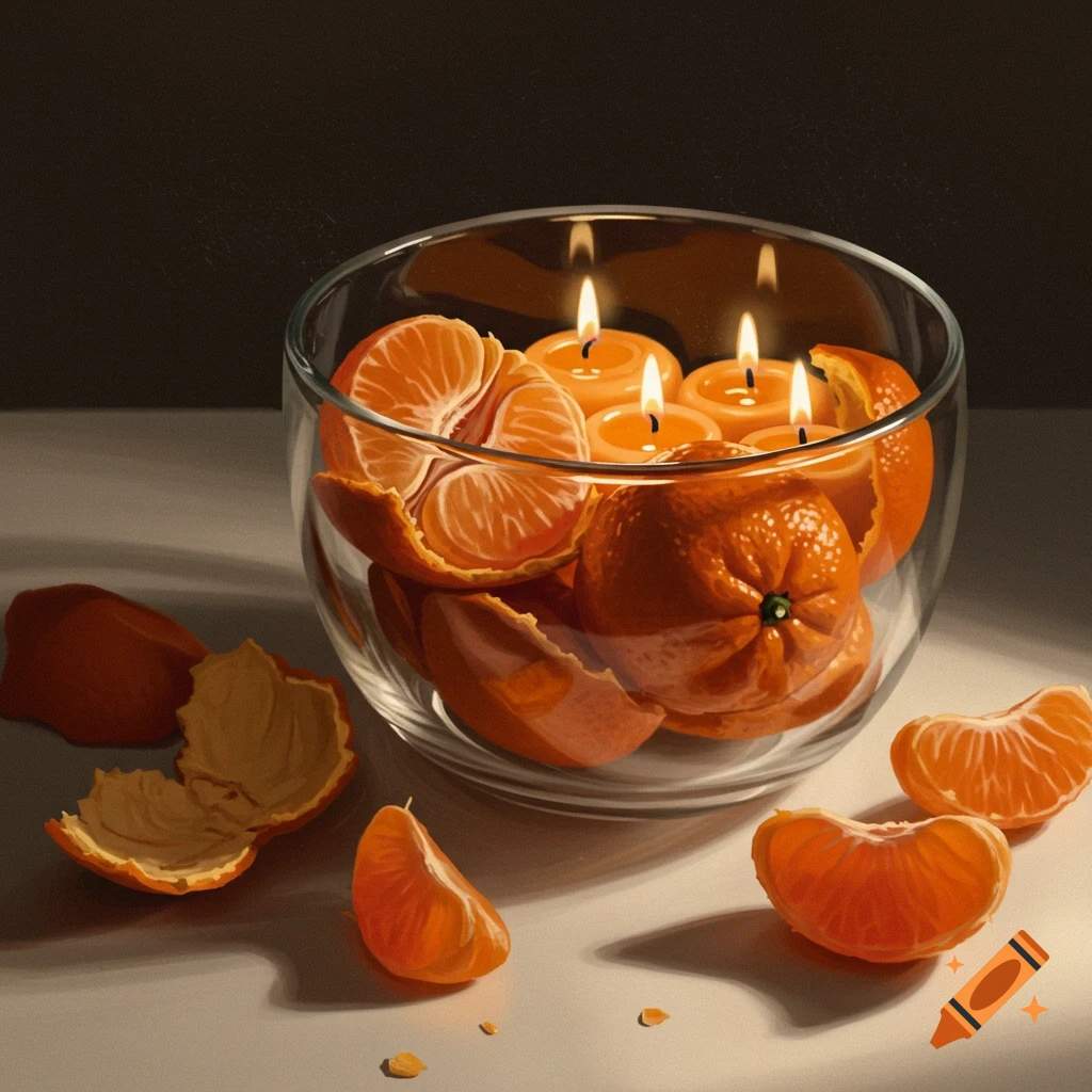 A realistic still life: a glass bowl holds tangerines and lit candles, with segments and peels on a light surface.