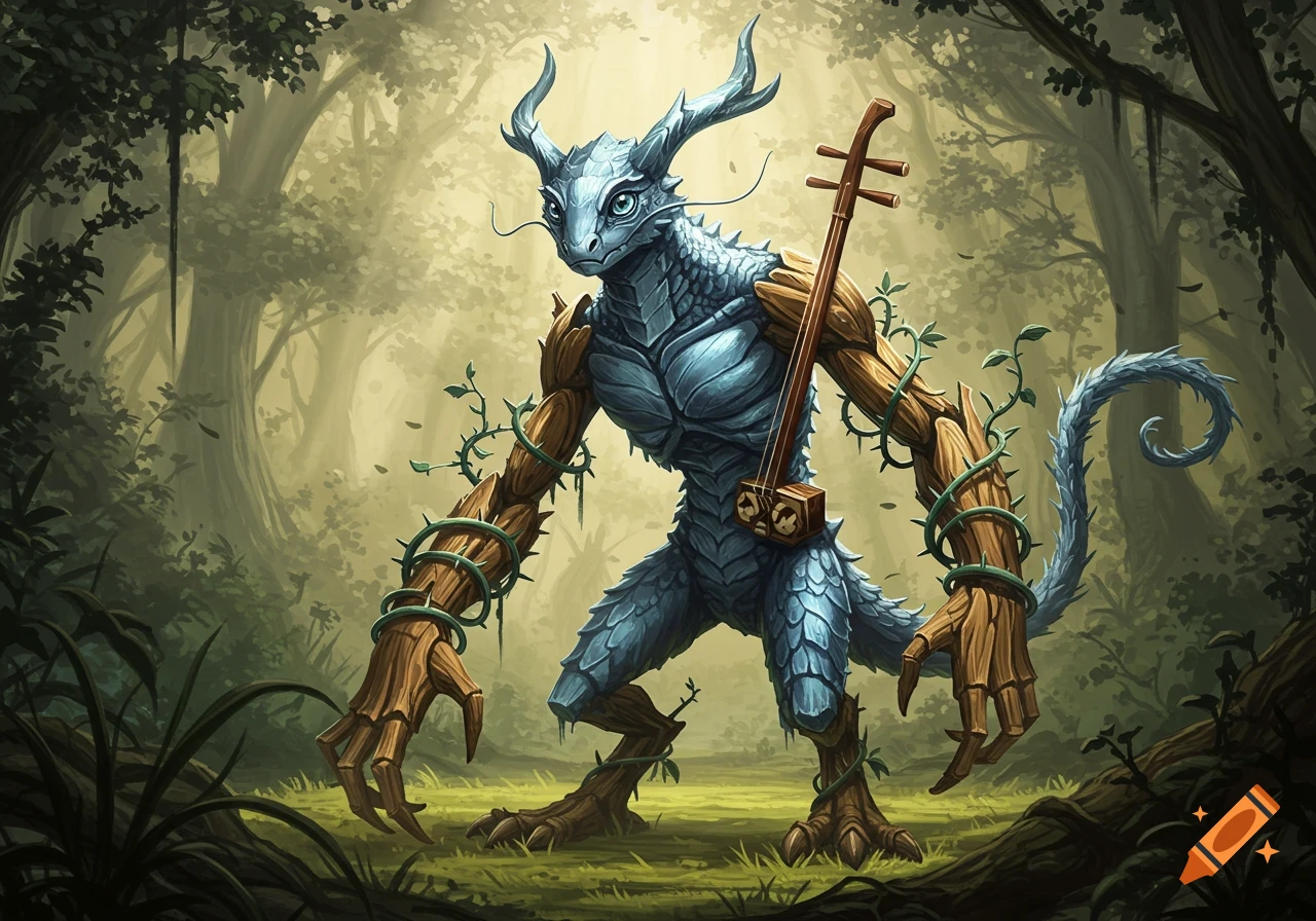 A blue scaly, tree-limbed monster with horns and whiskers stands in a forest, carrying an erhu-like instrument. Digital art.