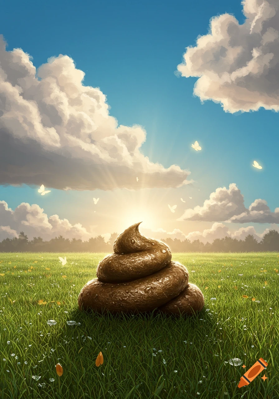 A large pile of brown feces in a vibrant green field under a sunny blue sky with white butterflies, artistic.