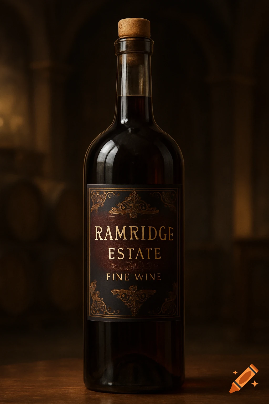 A photorealistic image of a dark glass wine bottle with a cork stopper and a black and gold label displaying 'Ramridge Estate Fine Wine'.