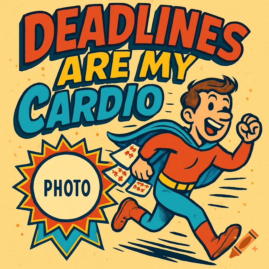 A comic book style cartoon of a superhero running, with the text 'Deadlines are my cardio' and a 'PHOTO' placeholder.