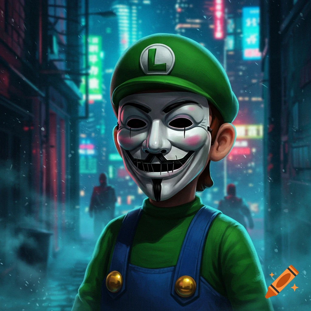 A stylized image of Luigi from Super Mario, wearing a Guy Fawkes mask, stands in a neon-lit cyberpunk city alley.