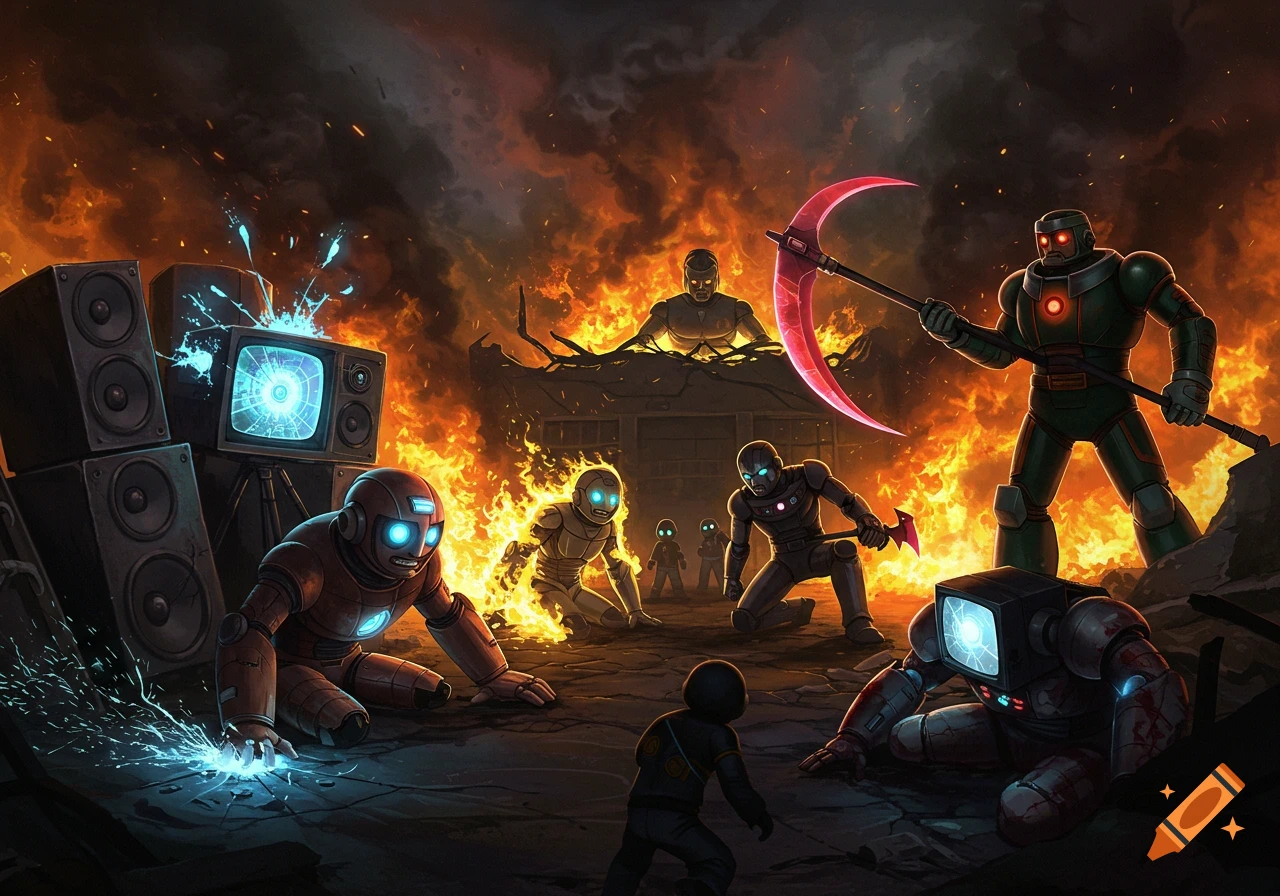 Damaged robots in a burning, ruined base confront an Executor with a scythe, as other figures approach, in a dark sci-fi battle scene.
