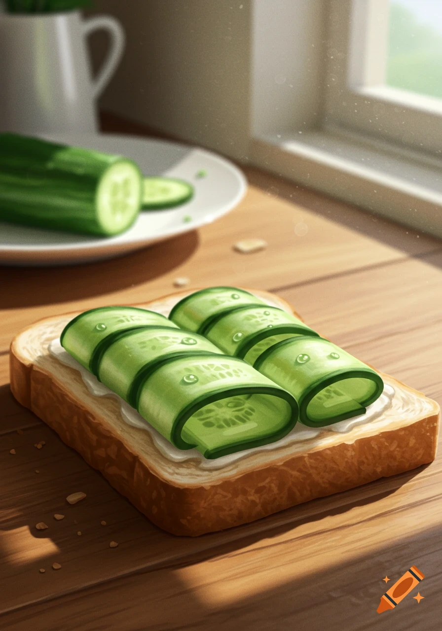 Digital illustration of toast with cream cheese and rolled cucumber slices on a wooden table by a sunny window.