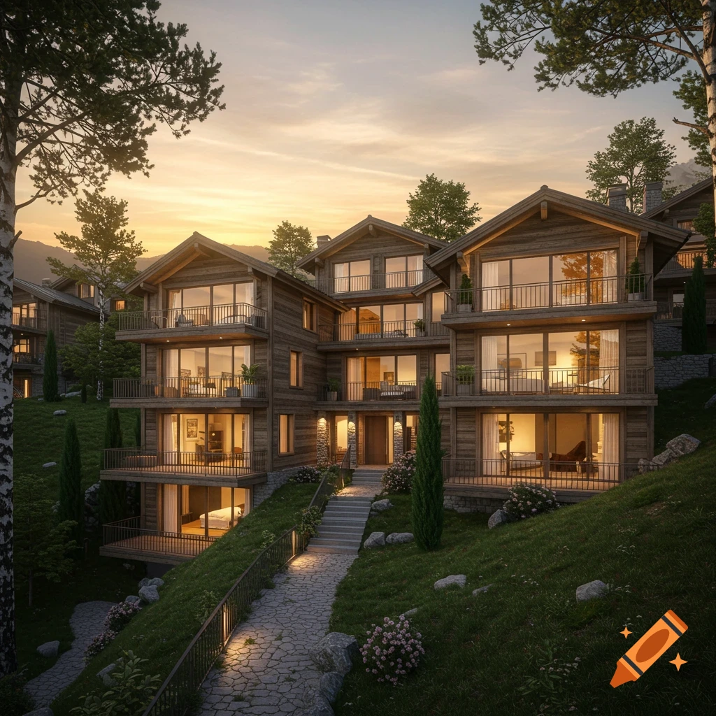 Photorealistic wooden chalets with balconies built into a lush green hillside at sunset, with a winding stone path leading up to them.