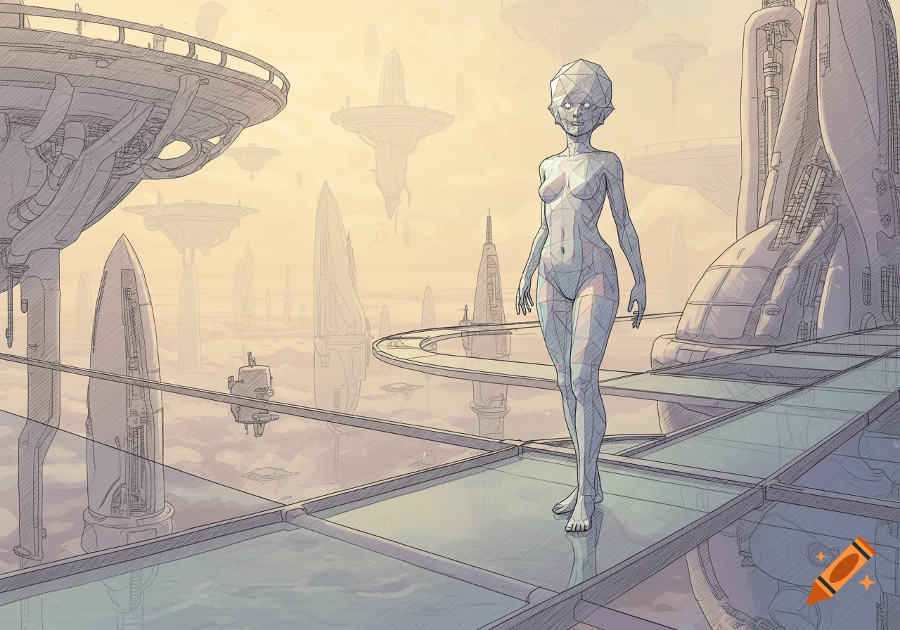 A stylized, faceted female figure with translucent skin stands on a glass bridge overlooking a futuristic city of floating towers, drawn in a Moebius-like cross-hatching style.