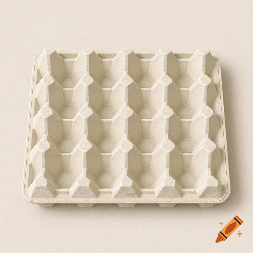 An empty, beige, molded fiber egg carton with 20 compartments, viewed from above, on a light background.