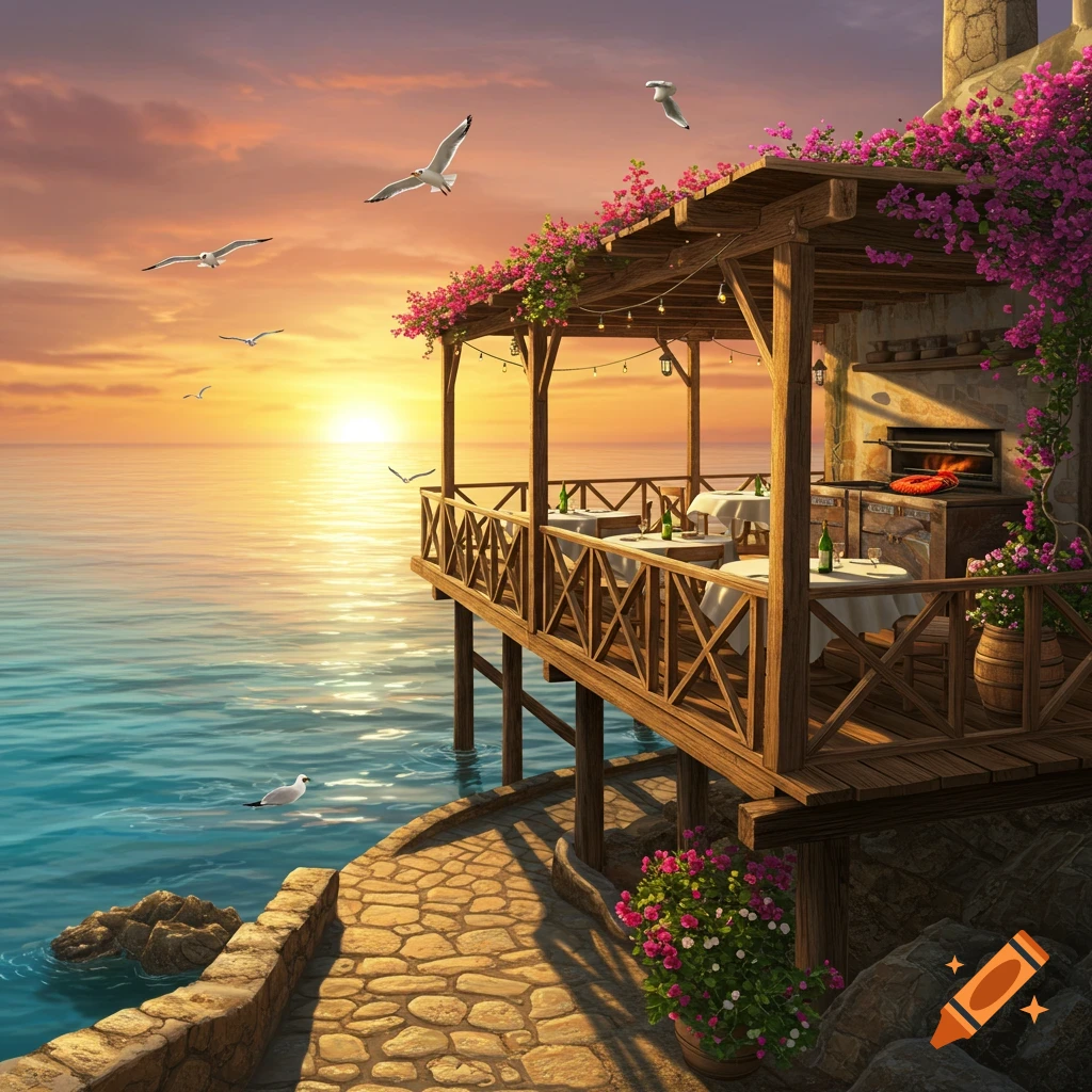 Photorealistic restaurant balcony with pink flowers over the sea at sunset, with a cobblestone path and seagulls flying.