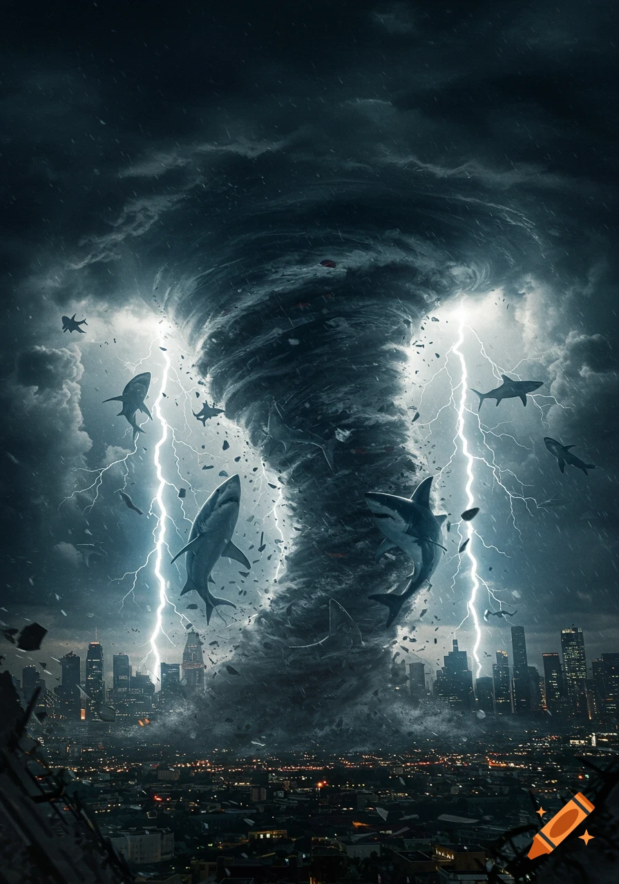 A dark and stormy sharknado over a city, with multiple sharks caught in the powerful tornado and bright lightning strikes.