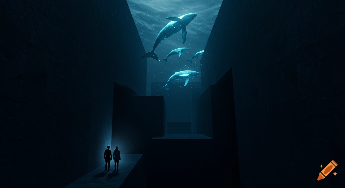 A couple in a dark, abstract maze looks up at several glowing whales floating in a surreal, deep blue, star-like water above them. Mystical.