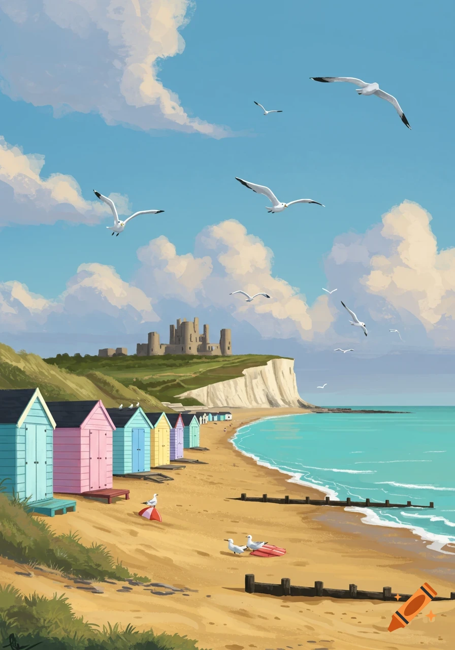 Colorful beach huts line a sandy shore beneath white cliffs topped with castle ruins, as seagulls fly under a blue sky, in an illustration style.