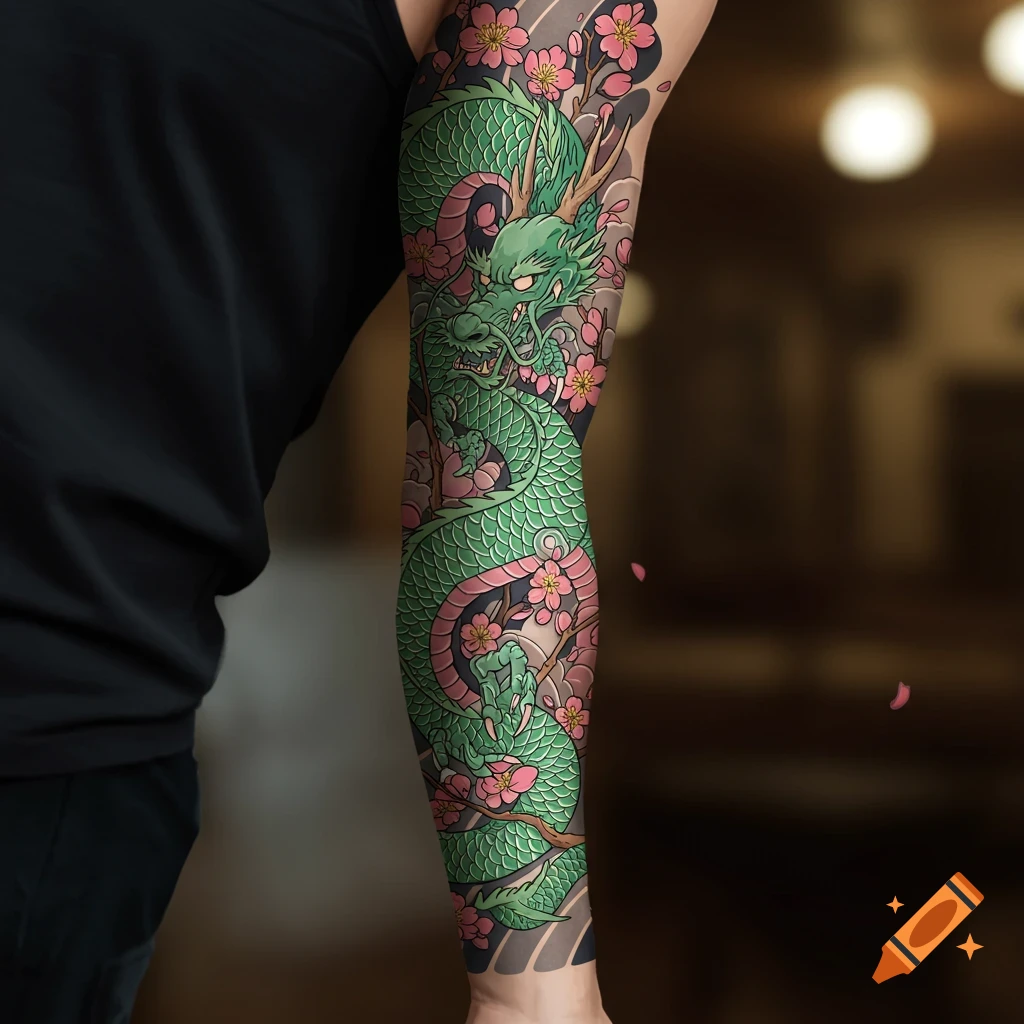 A person's arm with a vibrant full-sleeve tattoo featuring a green dragon among pink cherry blossoms in a Japanese art style.