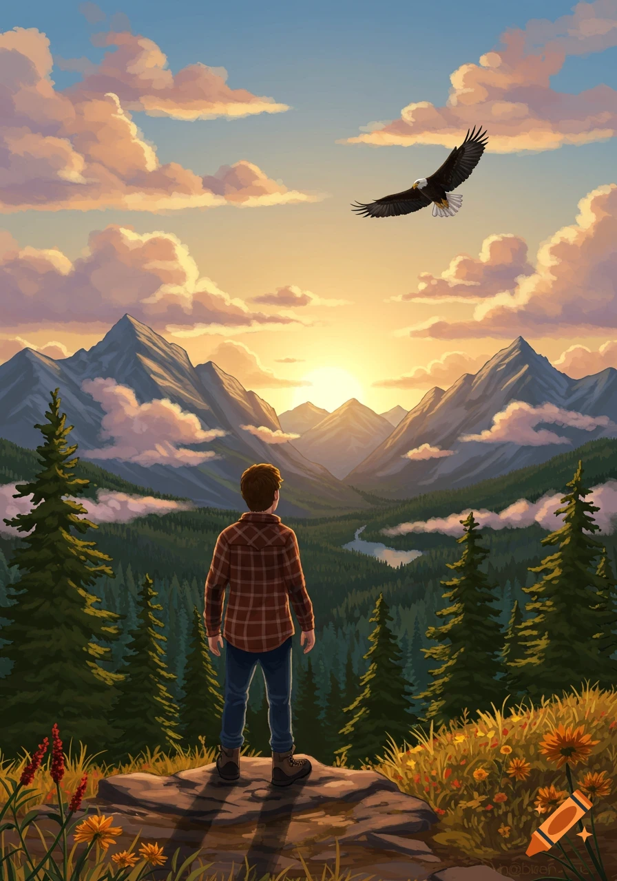 A person stands on a rock, observing an eagle soaring over a mountain forest landscape at sunset, illustrative style.
