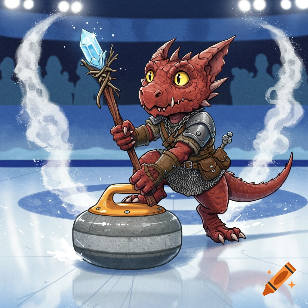 A cartoonish red kobold, wearing armor and chainmail, pushes an Olympic curling stone with a staff topped with a glowing ice crystal on an ice rink.