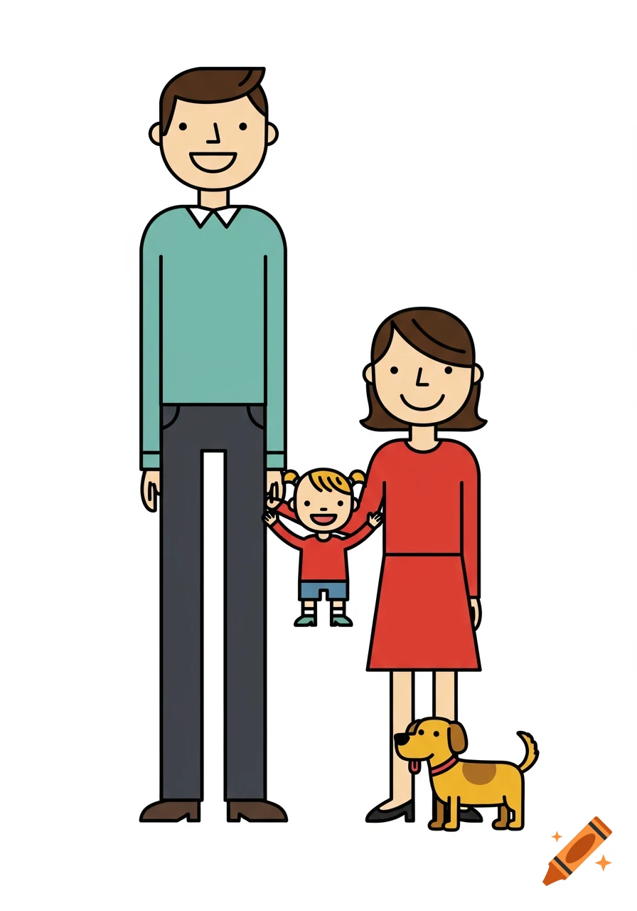 A cartoon illustration of a tall man, a shorter woman holding a toddler, and a small dog standing by her feet.