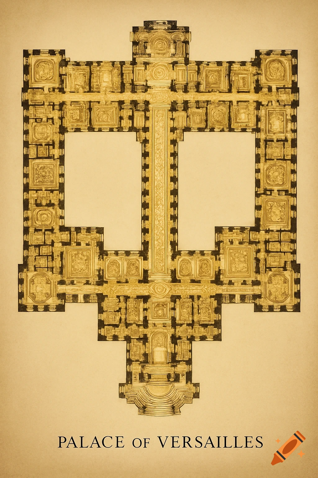 An ornate, golden architectural floor plan of the Palace of Versailles, viewed from above, on a light brown background.