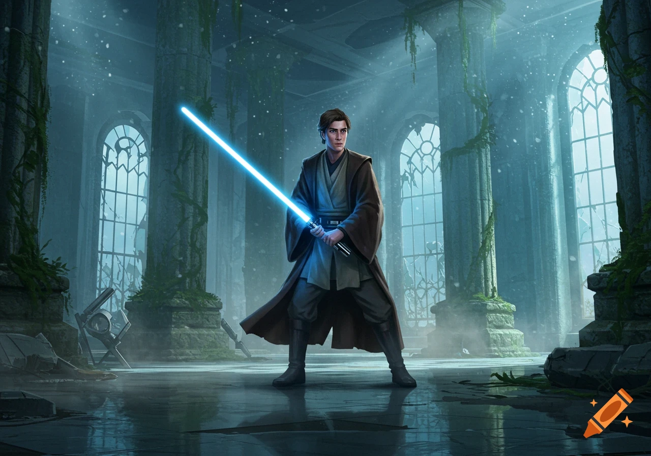 A young male Jedi with a blue lightsaber stands in a ruined, overgrown temple with water reflecting the light.