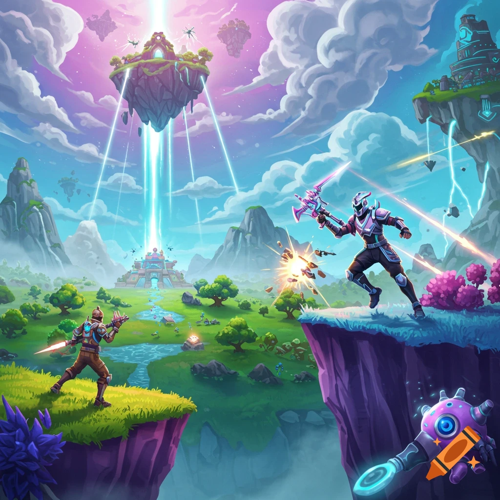 Two stylized armored characters battle on floating islands in a vibrant, colorful, video game-like fantasy landscape.