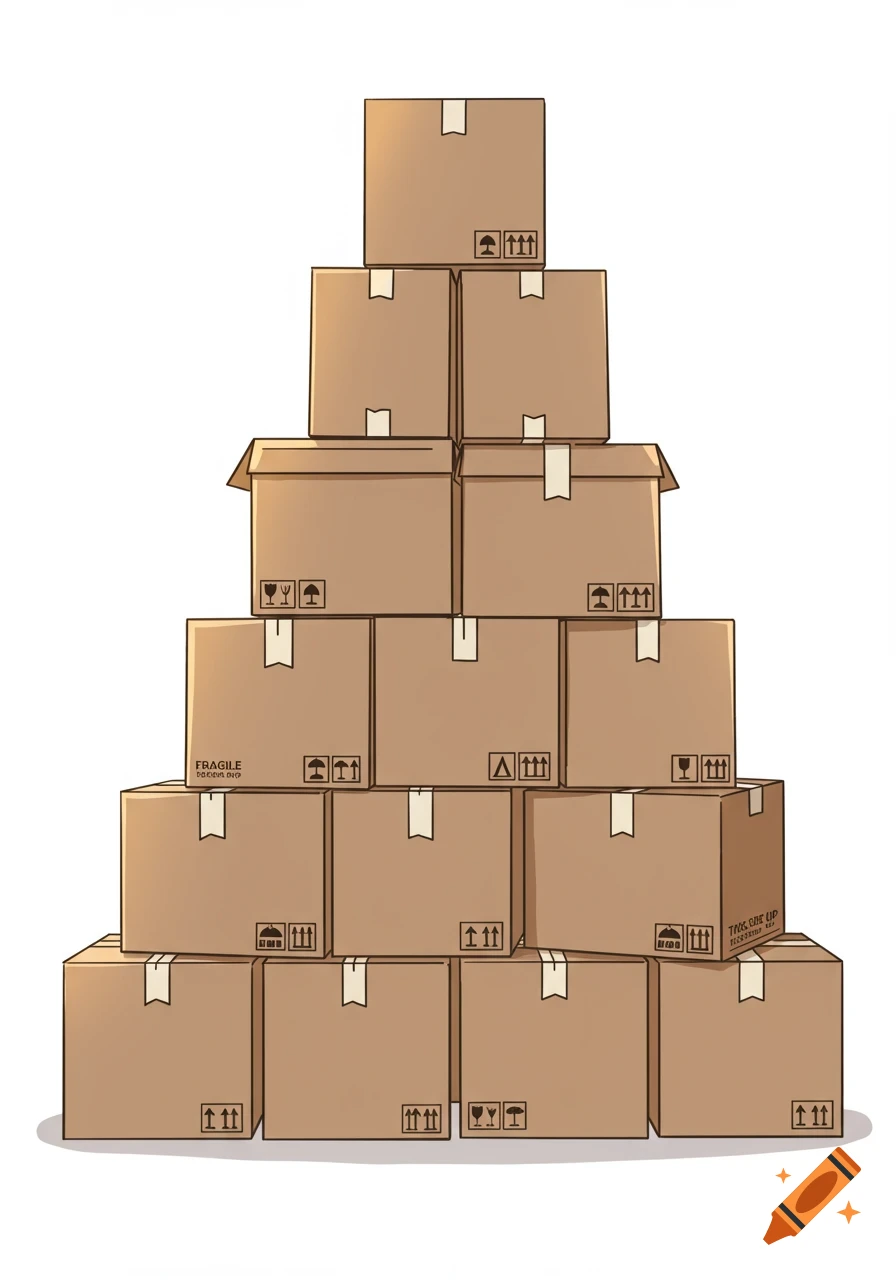 Brown cardboard moving boxes stacked high, with shipping labels and 'FRAGILE' text, in a clipart style.