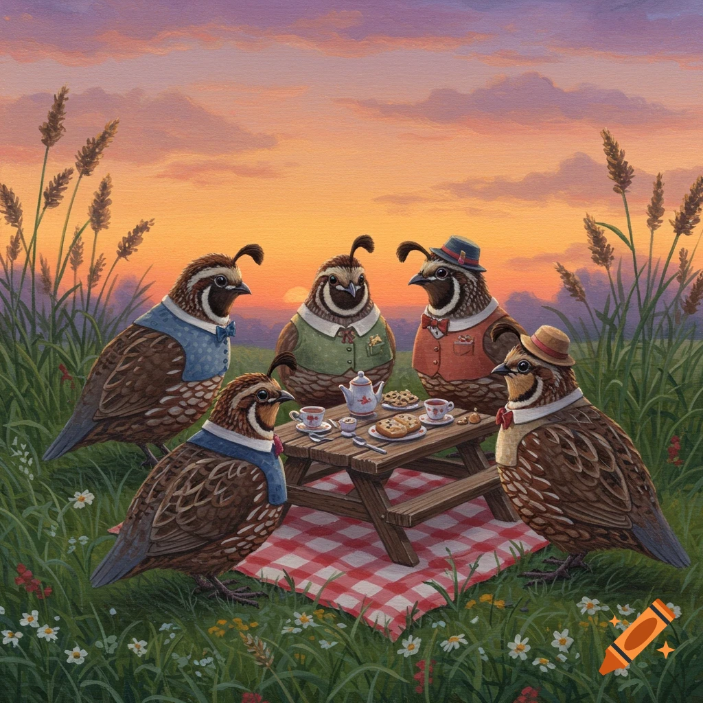 Illustrative painting of five anthropomorphic quails in formal attire having a sunset picnic in a grassy field.