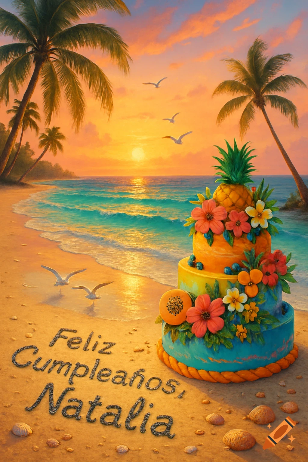 A vibrant tropical beach scene at sunset with a tiered, fruit-decorated birthday cake on the sand and 'Feliz Cumplea tildeos, Natalia' written in the sand.