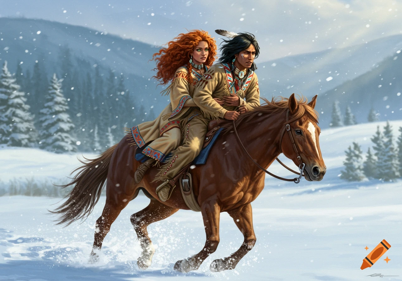 Two Indigenous people in traditional attire ride a brown horse through a snowy landscape while snow falls.