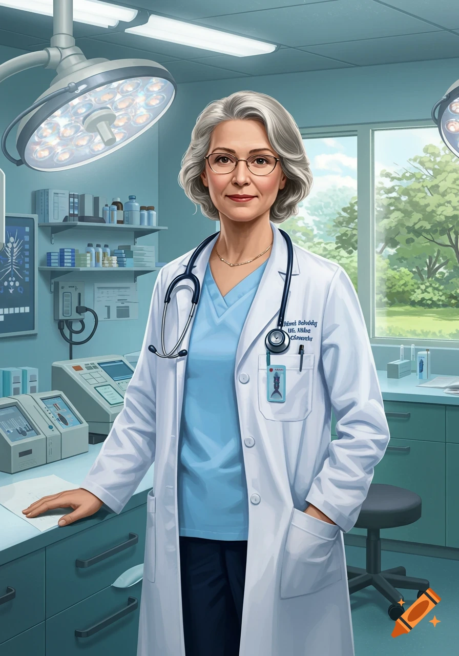 An older female doctor with gray hair and glasses, wearing a white lab coat over blue scrubs, stands in a brightly lit medical room with equipment.