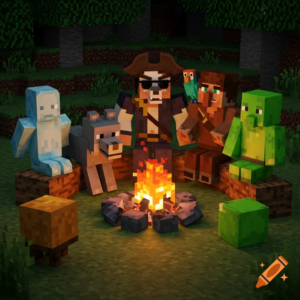 A diverse Minecraft pirate crew and other characters, including a wolf and a slime, sit around a glowing campfire in a forest.