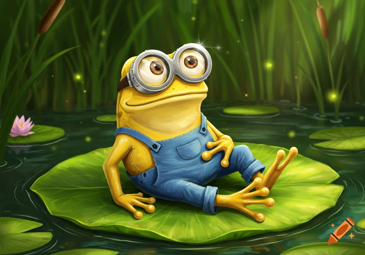 A cartoon frog dressed as a Minion, wearing goggles and blue overalls, sits on a lily pad in a pond with reeds.