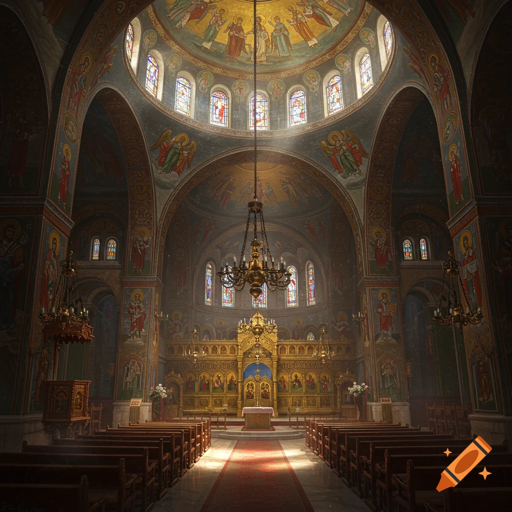 Grand interior of a Byzantine Orthodox church with ornate murals, stained glass windows, a golden iconostasis, and light rays illuminating the aisle.