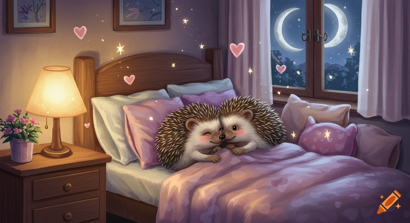 Two cute hedgehogs cuddle in a cozy bed filled with pink pillows, hearts, and sparkles, under a crescent moon. Pastel illustration.