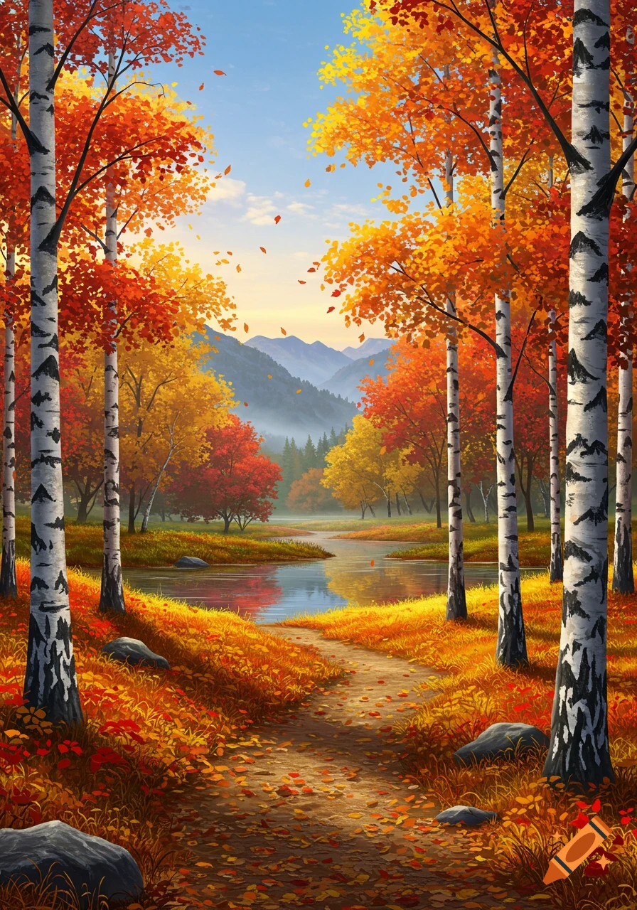 A winding path through a vibrant autumn forest with colorful birch trees, a river, and distant mountains under a clear sky.