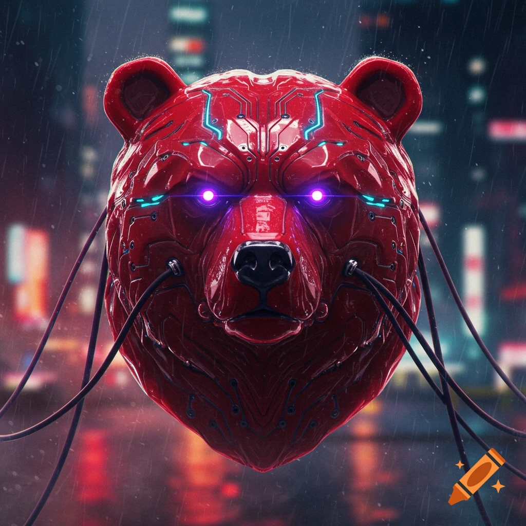 A vibrant red, cybernetic bear head with glowing purple eyes and intricate circuits, against a blurry, rainy cyberpunk city background.