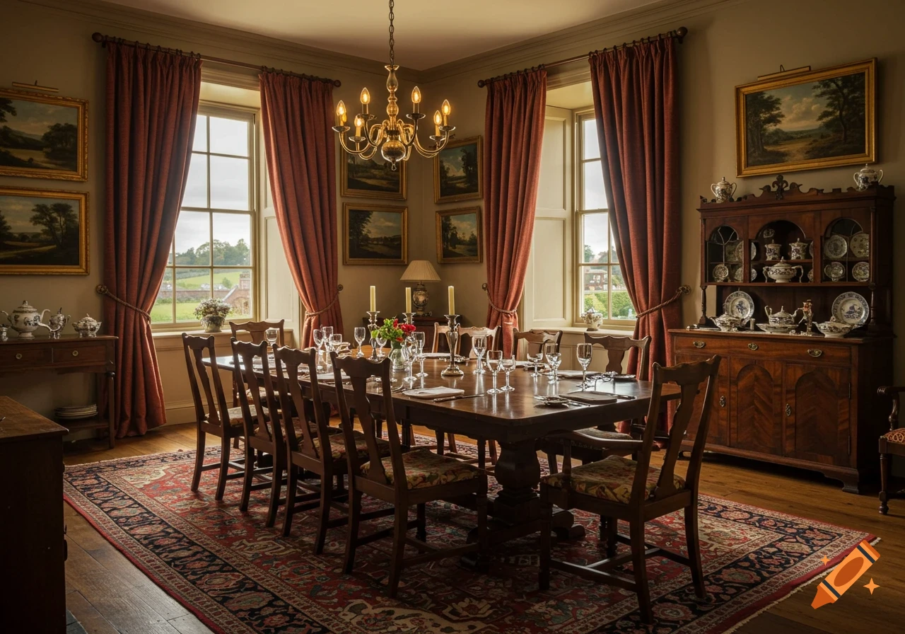 A warm, traditional dining room with a long wooden table, red curtains framing windows, a chandelier, and antique furnishings.