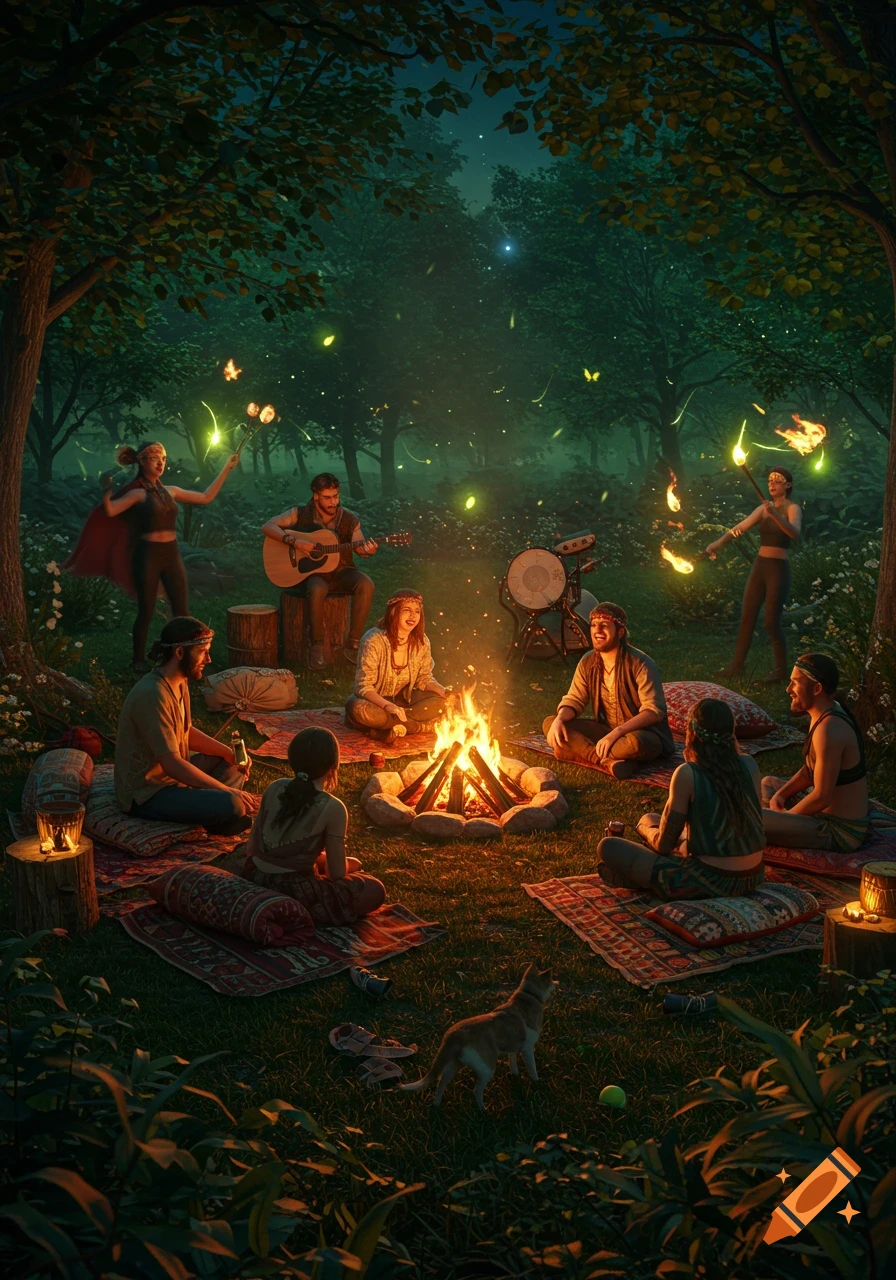 Friends sit around a magical bonfire in a dark forest at night, with musicians, fire performers, and a cat.