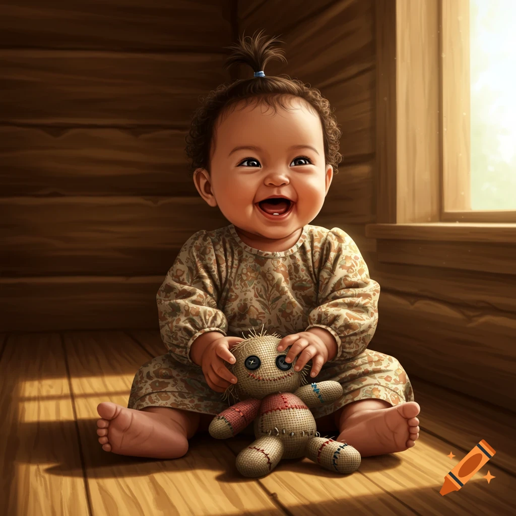 A joyful baby girl with a tiny ponytail sits in a rustic cabin, laughing while holding a rag doll.
