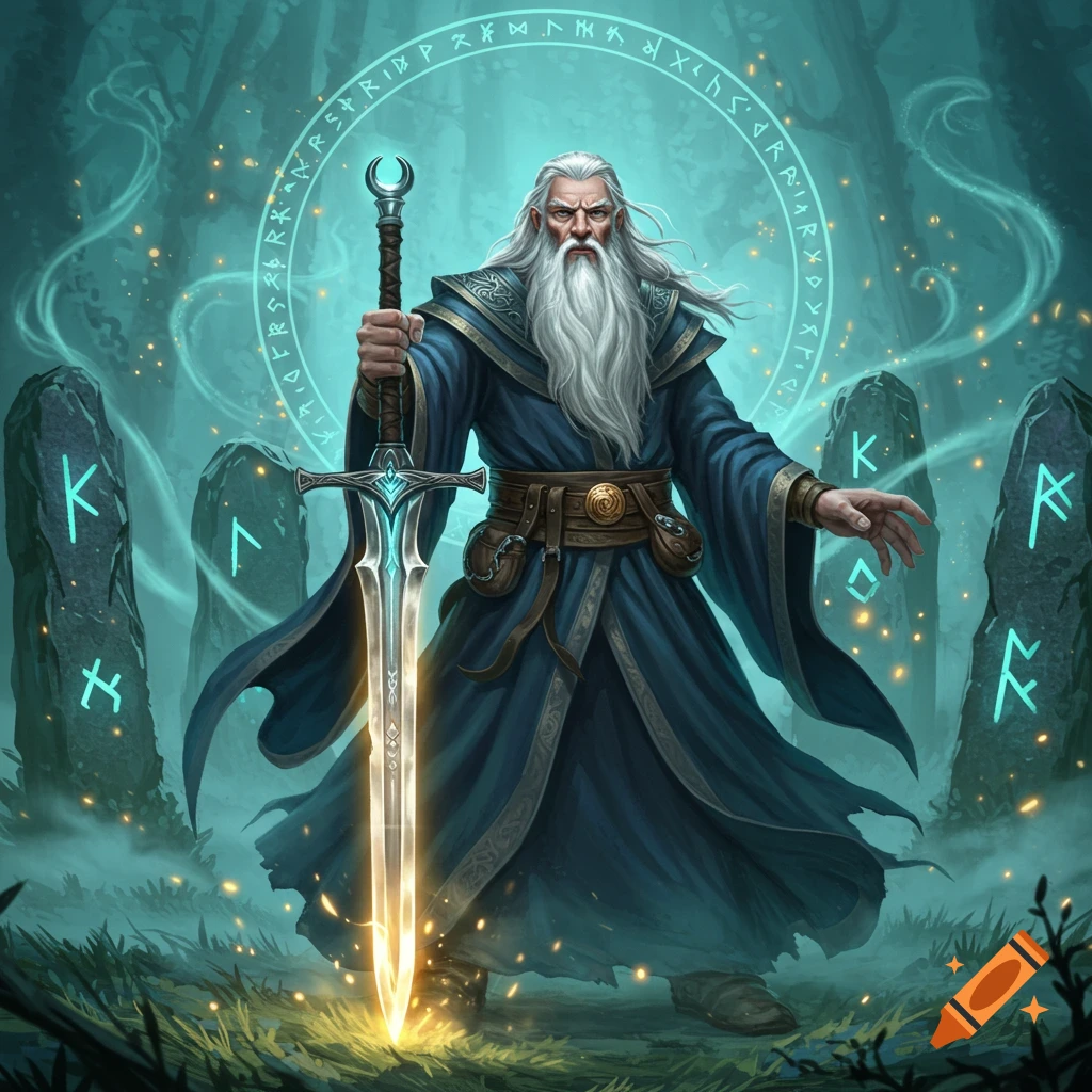 A powerful grey-bearded wizard in blue robes holds a glowing sword in a mystical forest with ancient runestones.