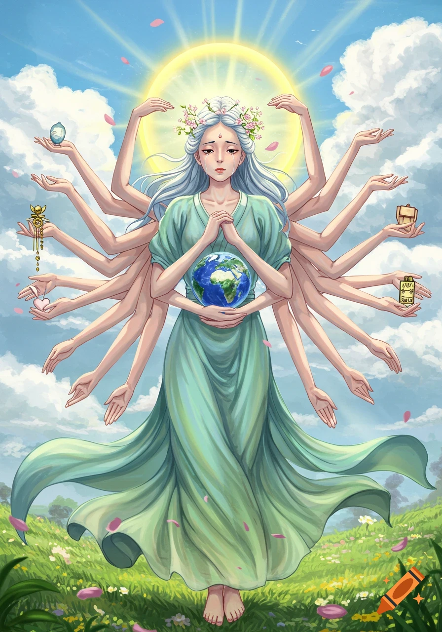 A crying goddess with long white hair, wearing a flower crown and a green dress, holds the Earth in her main hands, surrounded by many other arms. Pink petals float around her in a sunny, cloudy sky over a green field.