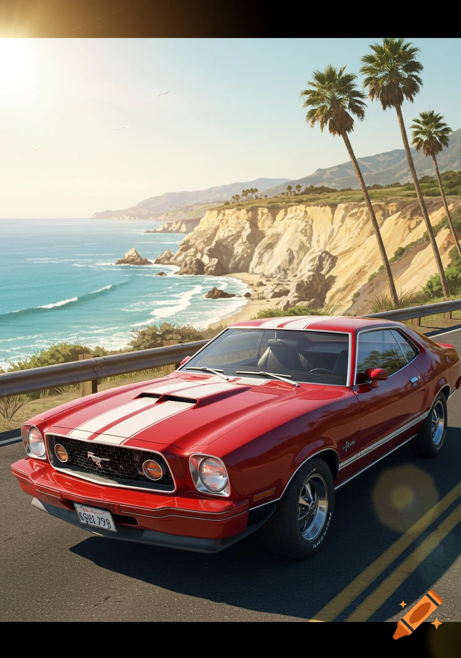 A red 1976 Mustang II drives on a sunny coastal road with cliffs, turquoise ocean, and palm trees.