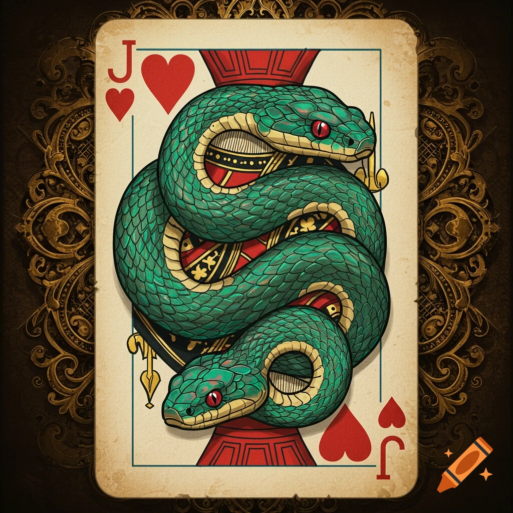 An illustration of a Jack of Hearts playing card with two intertwining green snakes on a golden ornate background.